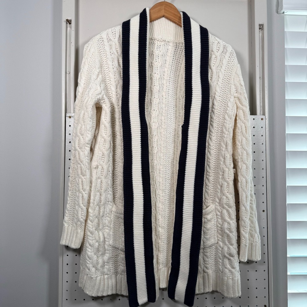 Lauren Ralph Lauren Cardigan Womens Cream Cable-Knit Rib Trim Long Sweater Large